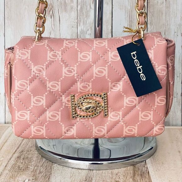 NWT BEBE Gorgeous Pink logo Liv Signature quilted gold chain Crossbody bag main image 10